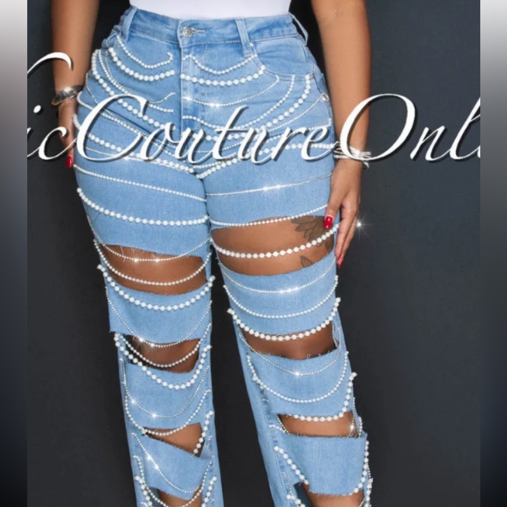 Denim pearl & rhinestone ripped jeans